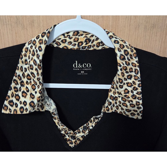 d&co. Size 3X Ladies Black Leopard Trim 3/4 Sleeve Knit Blouse Plus Size - Picture 3 of 4